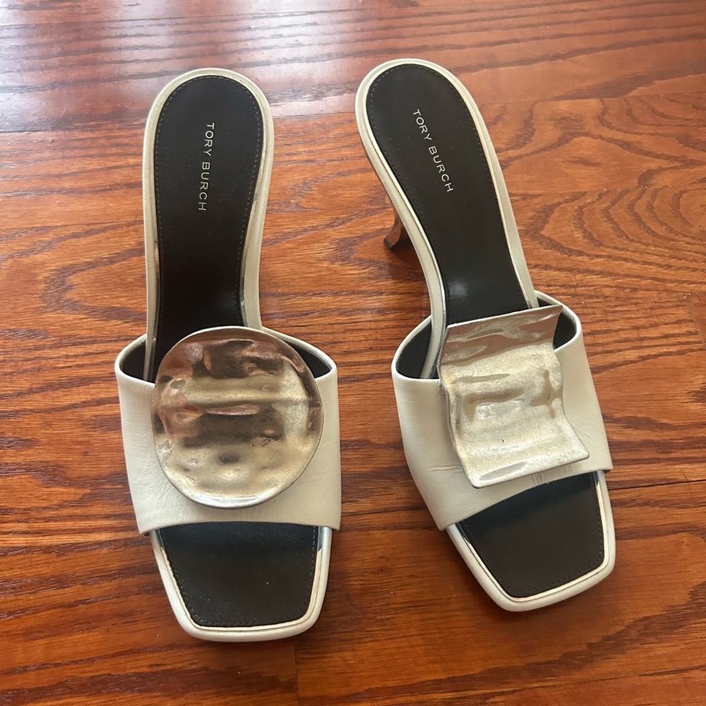 Tory Burch Patos Mismatched Mule, White / Silver, Size 8.5